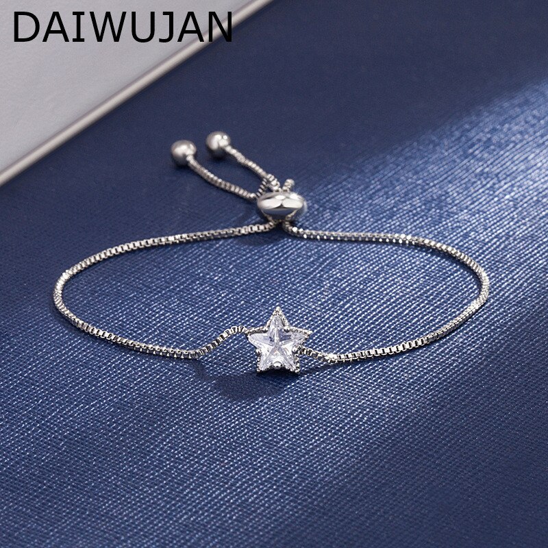 DAIWUJAN 925 Sterling Silber Einzigen Stern Charme Kette Armbänder Für Frauen Zirkonia Kristall Einstellbar Armbinde Schmuck