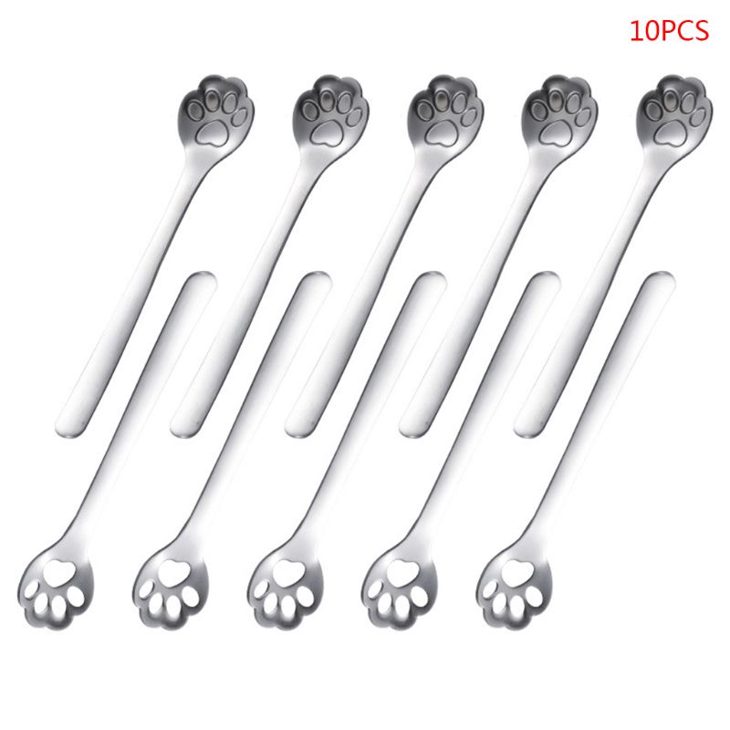 10 pçs bonito gato pata garra colheres de café de aço inoxidável oco mexendo colher de chá: Prata