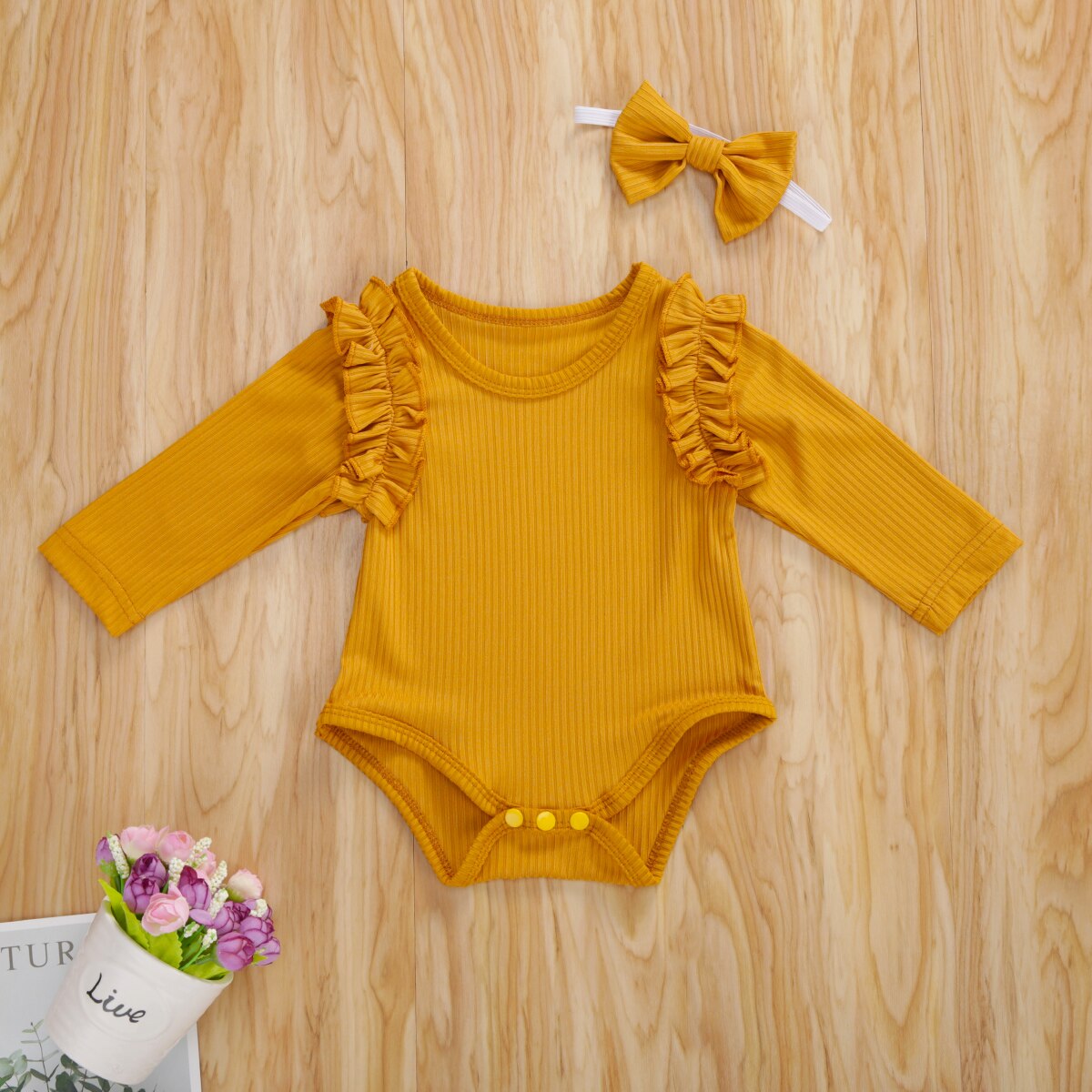 Focusnorm Herfst Baby Meisjes Jongens Bodysuits Hoofdband Ruches Lange Mouwen Knit Solid Jumpsuits 2 Stuks 5 Kleuren