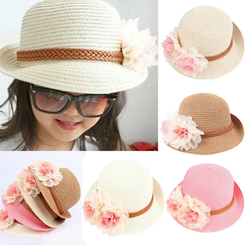 Kid pige prinsesse solhat blomst strand kasketter børn strå bred skygge floppy cap beige pink hvid khaki
