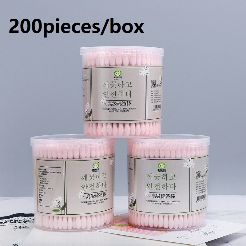 200 Stuks/doos Super Mooie Leuke Roze Lady Double-Ended Bamboe Stok Wattenstaafjes Box Verpakt Cosmetische Tool