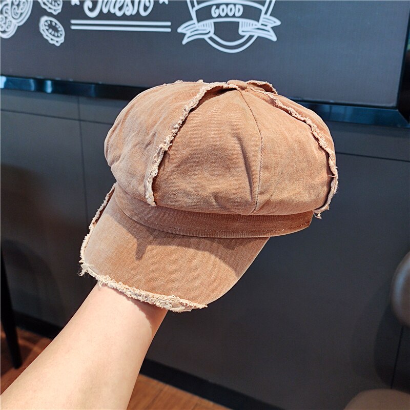Chapeau coréen octogonal pour femme, Dongdaemun rétro, littéraire, lavage et vieux bords, béret de journal, printemps et été