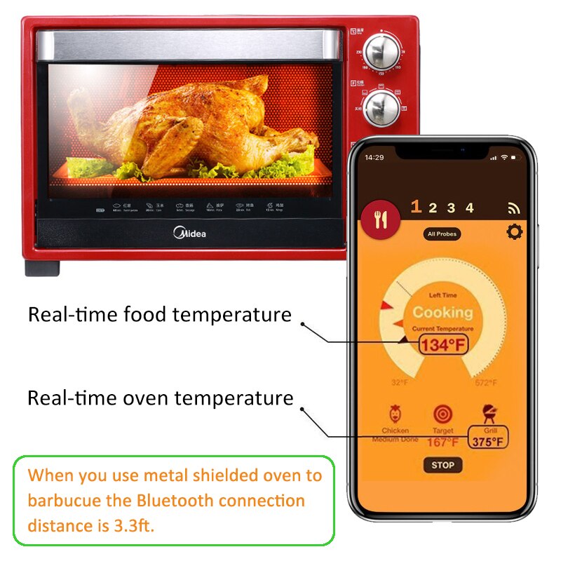 Thermomètre de cuisson sans Contact, Bluetooth, étanche, sans fil, pour Barbecue, sonde numérique,