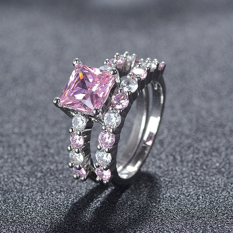 luxury pink princess 925 sterling silver wedding ring set for women lady anniversary jewelry R5173