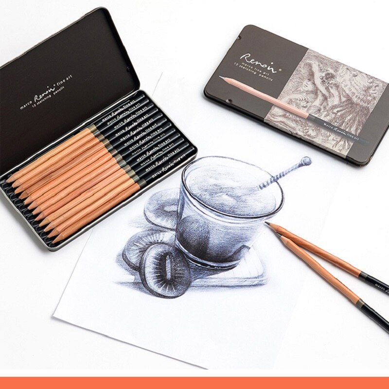 12pcs Marco Raffine Standard Pencils Sketching Pencil Tin Box Graphite Core Wooden Pencil Art Set Student Artist