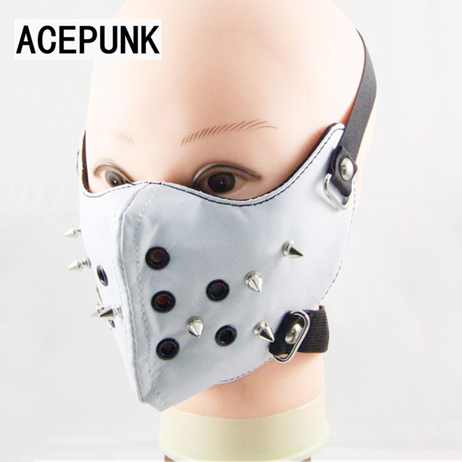 remache blanco máscara en piel de PU Hipster mostrar remache máscara rock de los hombres de la personalidad Hip-hop parte máscaras para motocicleta