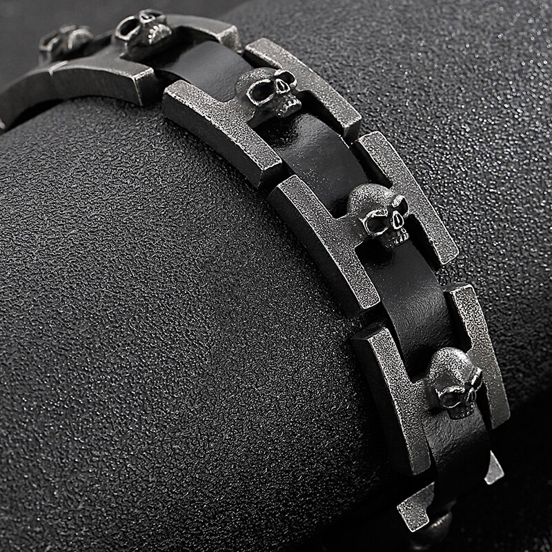 Bracelets en cuir pour hommes, tête de mort, boucle de ceinture, en acier inoxydable, grande taille 24/23CM