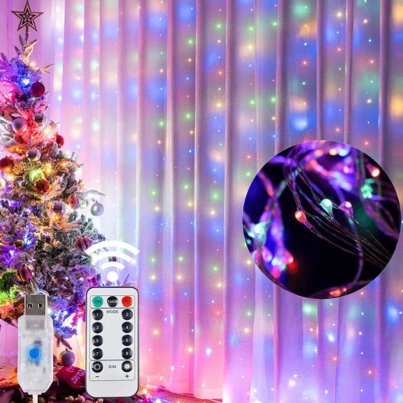 3X2M Rainbow Curtain Lights LED String Garland Fairy Icicle Decorative Lights for Christmas Party Bedroom Wall Wedding Decor