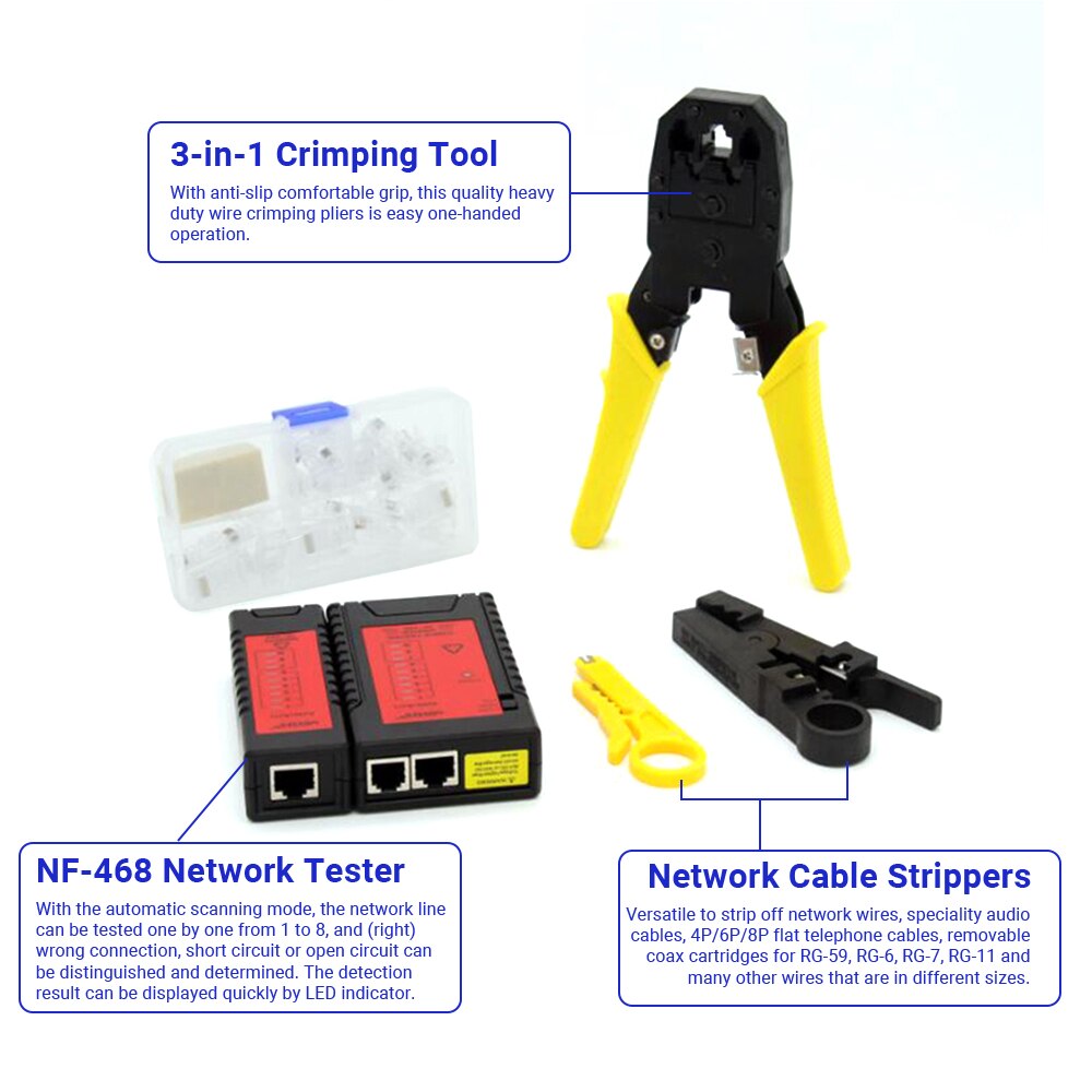 3 in 1 Network Cable Tester Set LAN Tester RJ45 Measurable Diagnose Finder Wire Test with RJ11 Plug Crimping Tool Wire Stripper