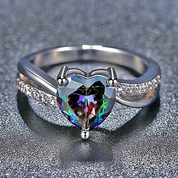 Vrouwen Hart Vormige Regenboog Zirkoon Ring Glamour Lady Crystal Ring Metalen Ring Kleurrijke Zirkoon Set Ring Charm