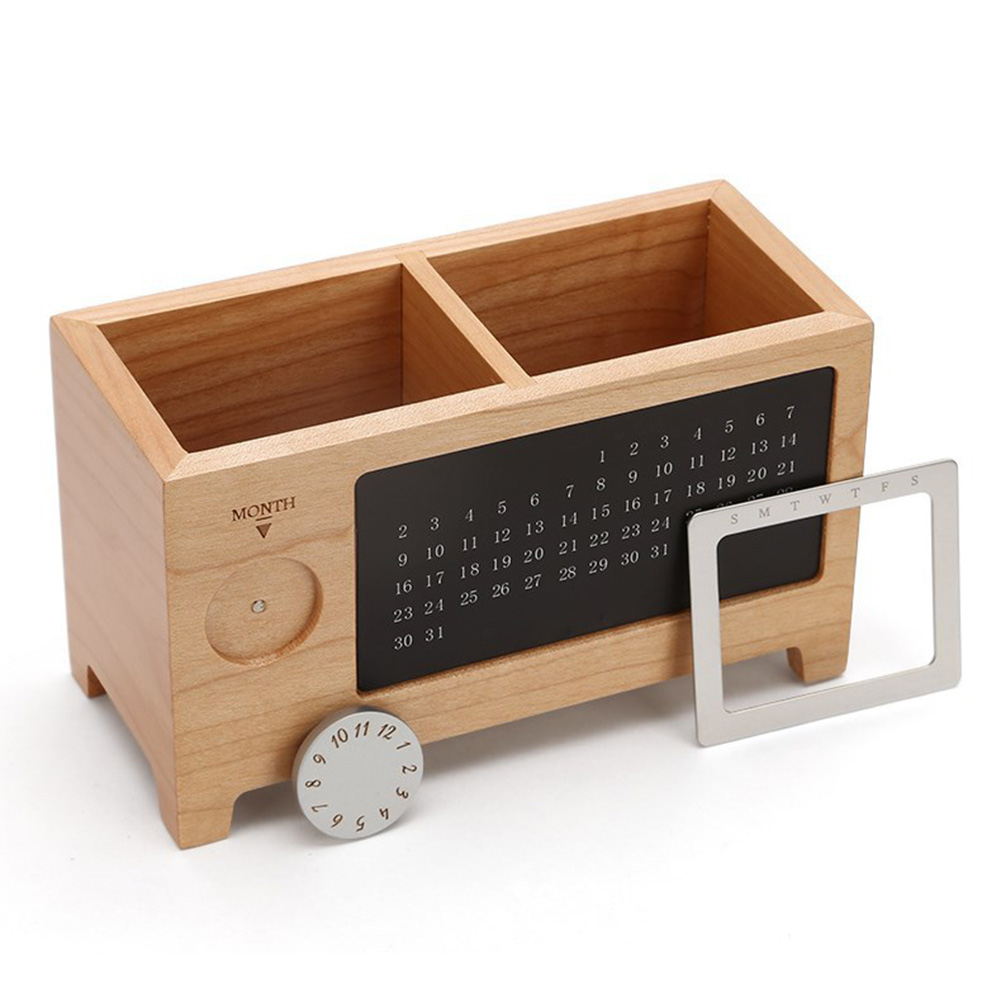 Wooden Organizer Pen Pencil Holder Case With Calendar Ornaments Table Storage Container 2 Grids Wooden Storage Box
