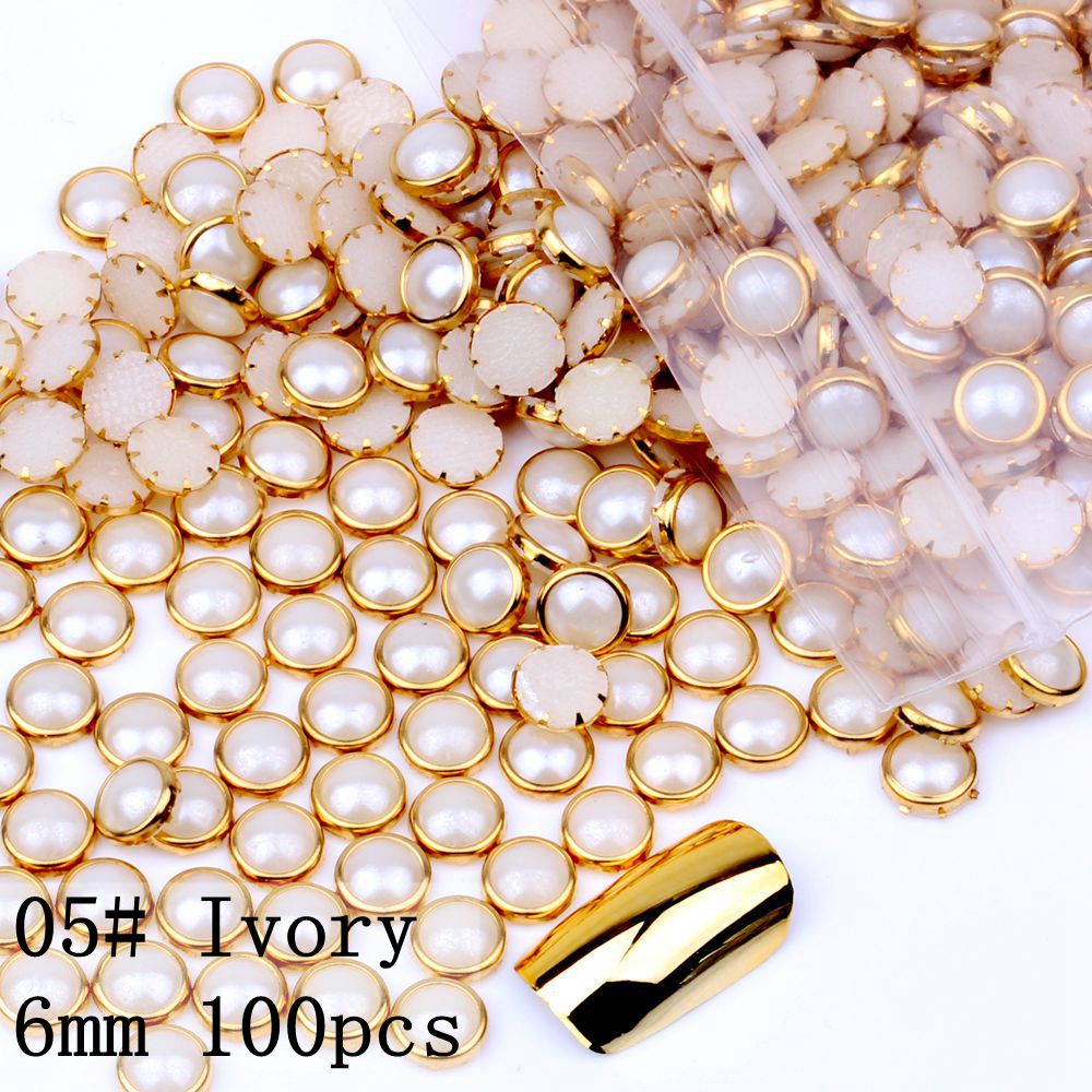 100 st 4mm 5mm 6mm många färger halvrunda pärlor metall strass diy nail art nagelpärlor skönhet glitter dekorationer: 05 elfenben 6mm 100 st