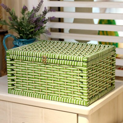Rustieke Geweven Mand Papier Opbergdoos Met Deksel Handgemaakte Home Organisatie En Opslag Gebreide Desktop Rieten Manden: green white / 36x25x17cm