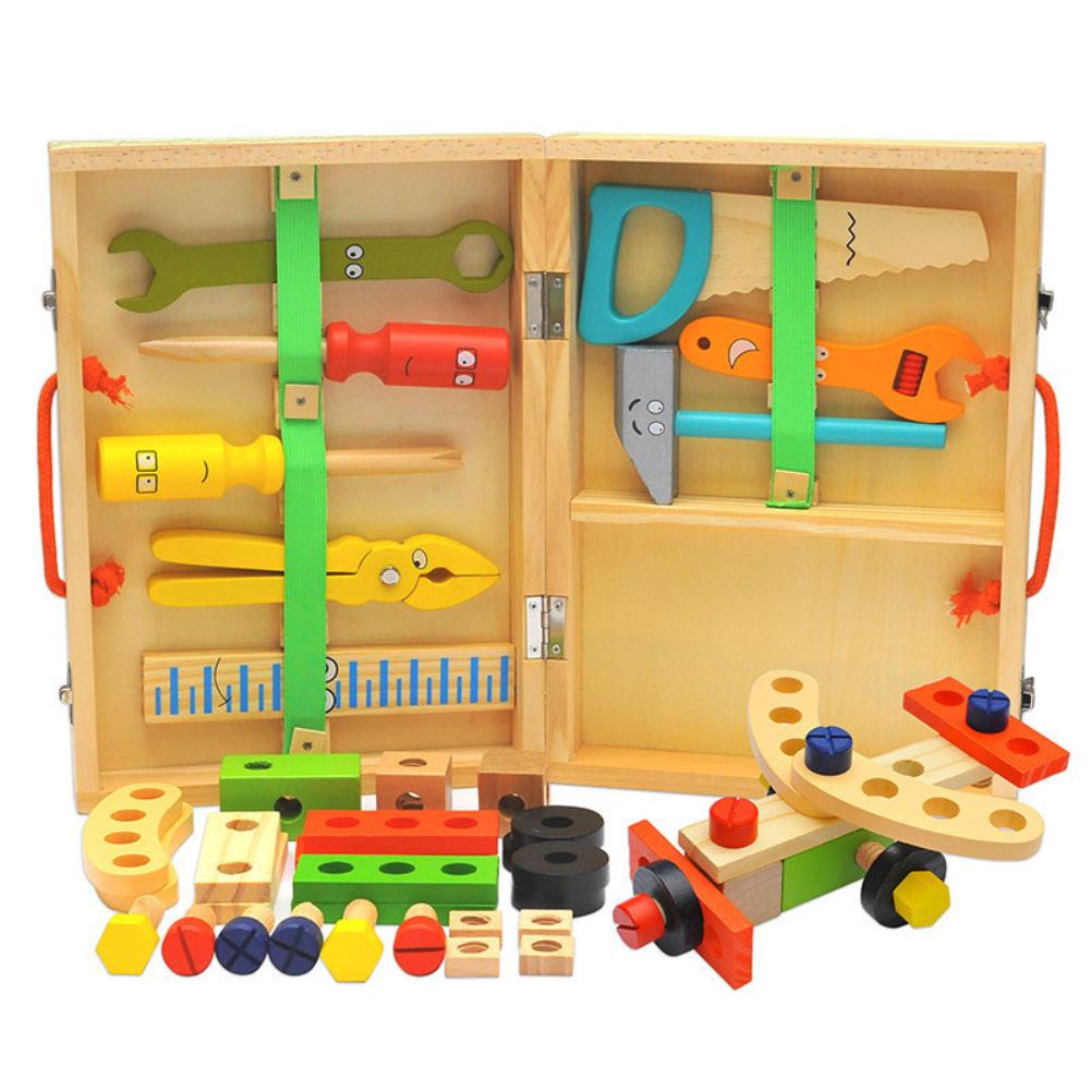 Tool Box Solid Wood Tool Box with Colorful Wooden Tools Construction Toy Role-play Set