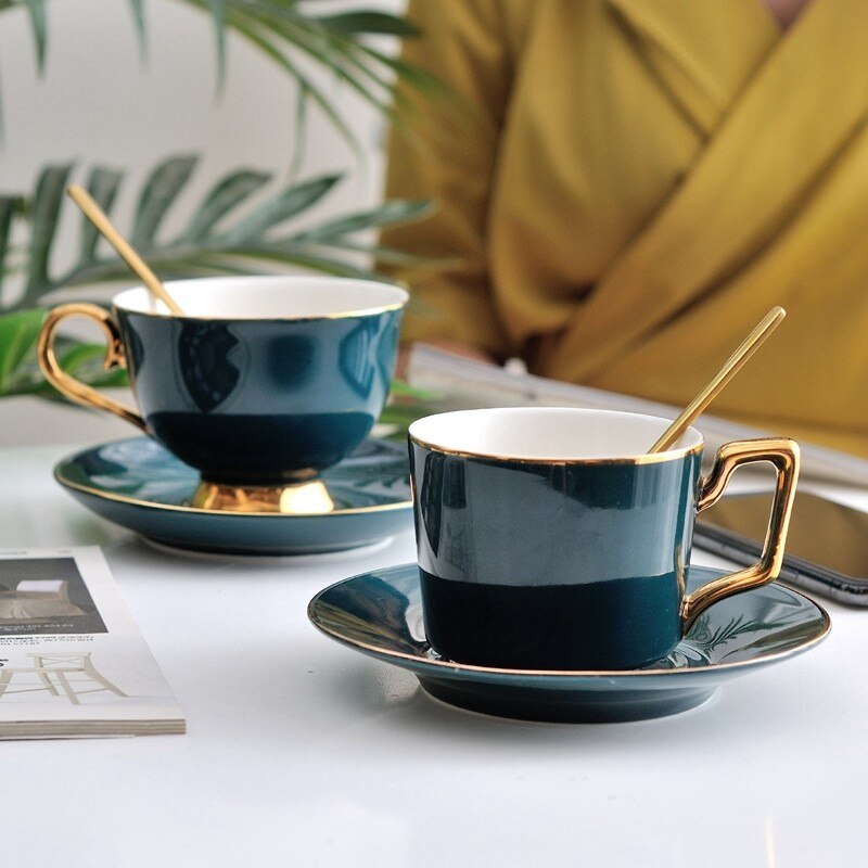 200ml/230ml Dark Green Ceramic Coffee Cup Set With Spoon Saucer Bone China Tea Cups Suite Dish Breakfast Porcelain Milk Mug