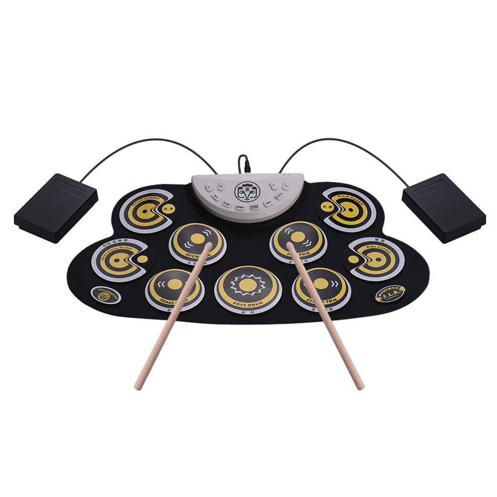 Elektronisk digital usb 9 pads rull opp sett silikon elektrisk trommesett med trommestikker og opprettholde pedal perkusjonsinstrumenter: type 5 gul