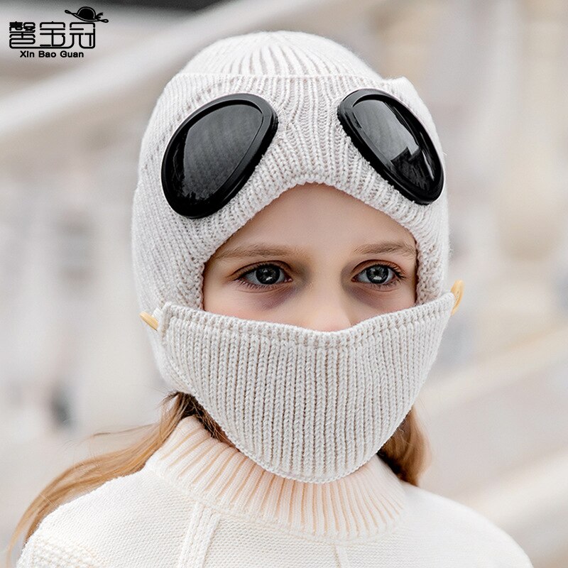 Art 2 in 1 Rippen betroffen Mütze Hütte Mund Maske einstellen Winter Warme Winddicht Schnee Gefesselt Earflap Kappe mit Brille brille: grau