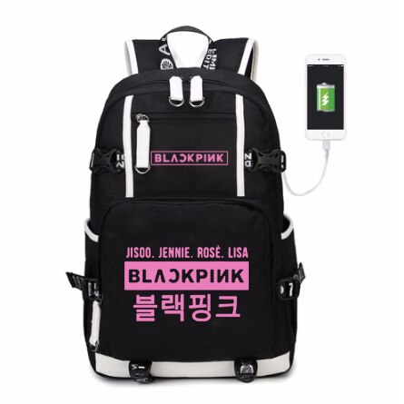 WISHOT KPOP, mochila coreana Blackpink Jennie Lis, mochila de hombro, bolsa de viaje para la escuela para adolescentes, bolsas casuales de carga USB para ordenador portátil: black7