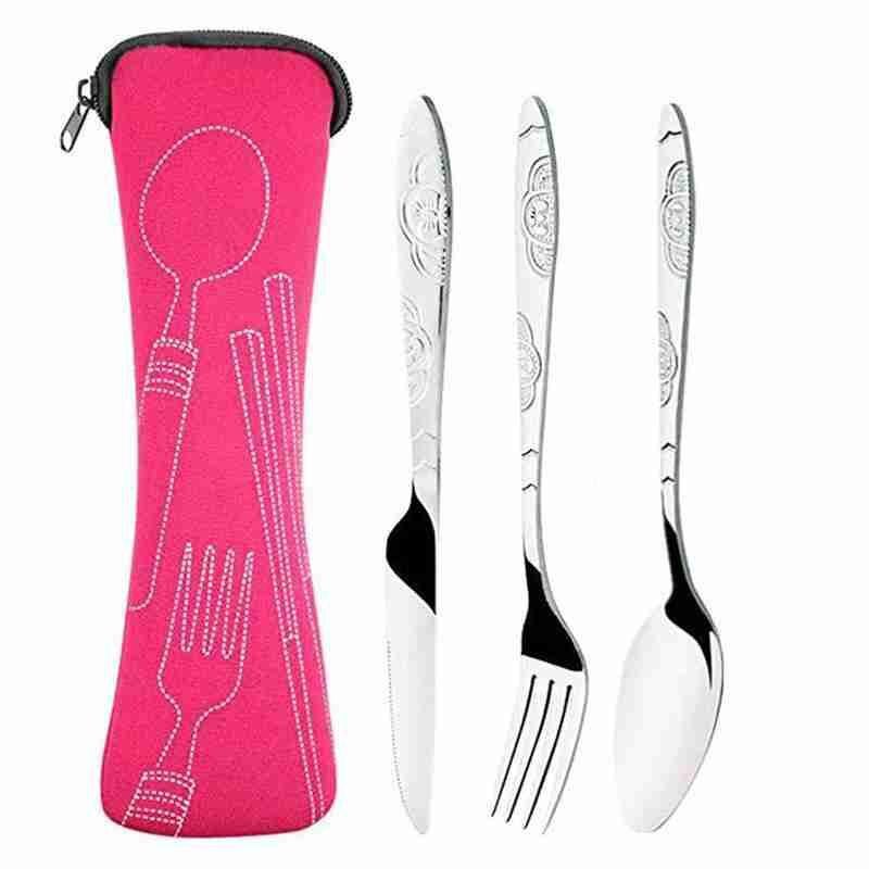 Cuchillos de acero con tenedor y cuchara para viaje familiar, conjunto de cubertería portátil con bolsa de almacenamiento, 4 Uds.: pink