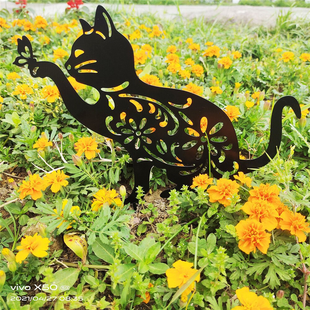 Metal Black Cat Iron Crafts Outdoor Decoration Outside Decor Patio Yard Garden Ornaments