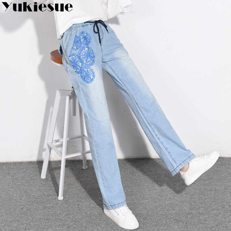 Jean denim imprimé Floral pour femme, pantalon ample, taille haute, jambes larges