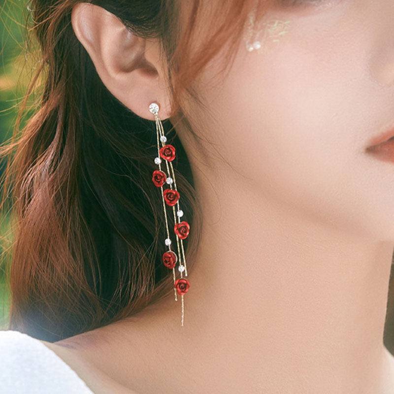 Pendientes largos de pétalos de rosa para mujer, aretes con borlas, cristales rojos y morados, bisutería Vintage para de bodas, de joyería, novedad