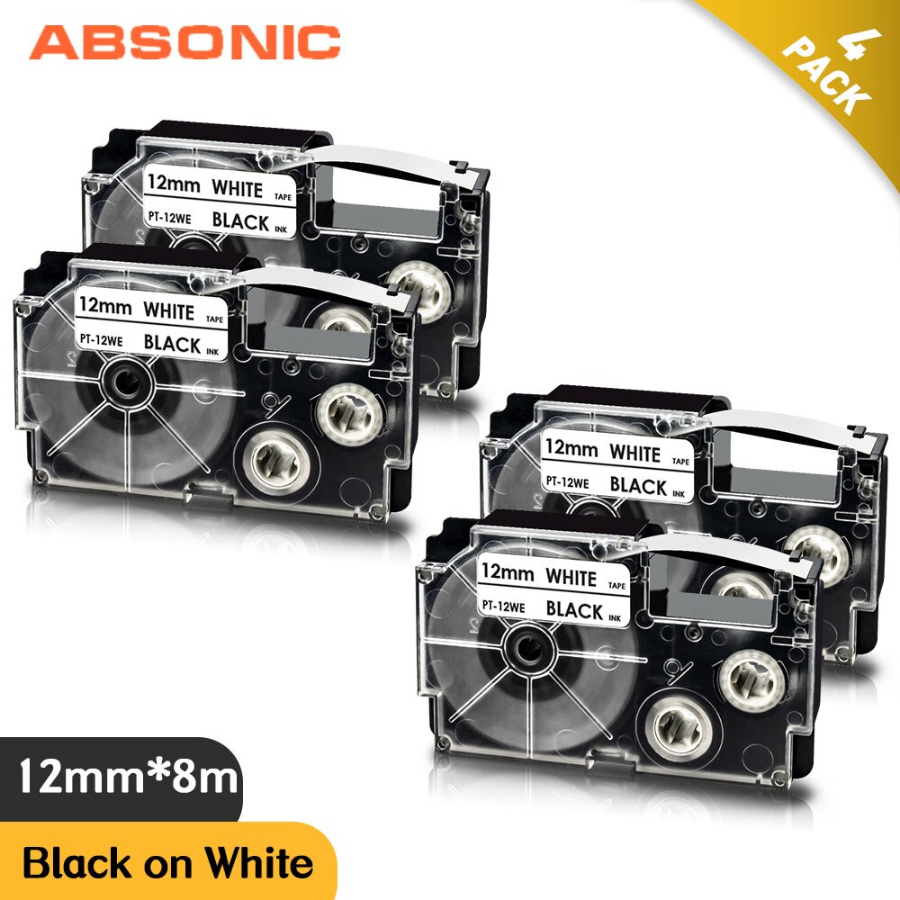 Absonic 4PCS XR-12X XR-12WE Black on Clear/White Label Tape Cartridge Compatible for Casio KL-120 KL-100 KL-820 KL-7200 Printer