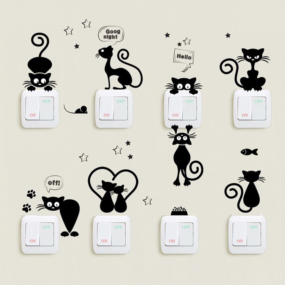 Lovely Cat Light Switch Wall Stickers Home Decor Cartoon Animals Wall Decal Art