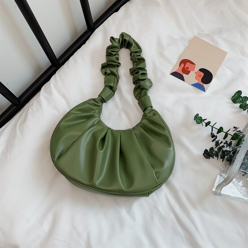 Pleated Cloud Bag Women PU Leather Shoulder Bag Brand Armpit Bag Small Lady Handbag Girls Dumpling Bags boslo: green