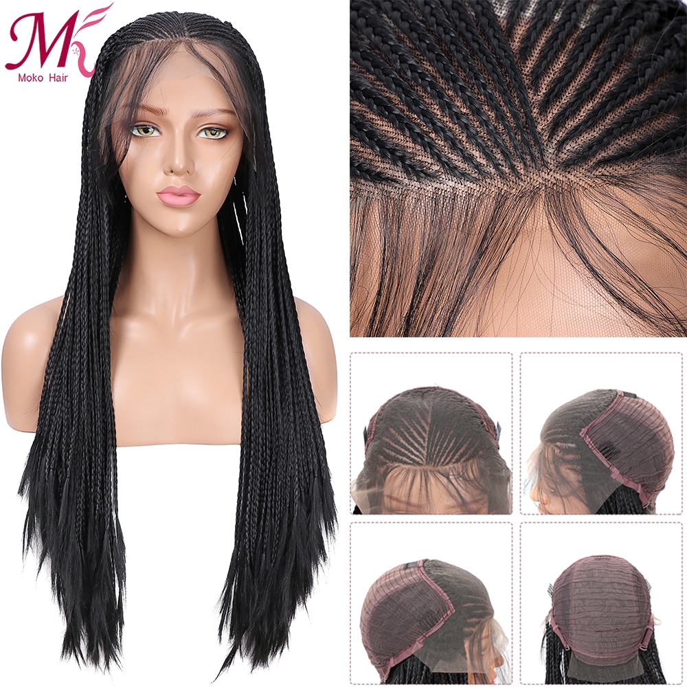 Moko-peluca con malla frontal trenzada sintética para mujer, con cola de caballo de Color Natural, trenza de ganchillo, estilo de