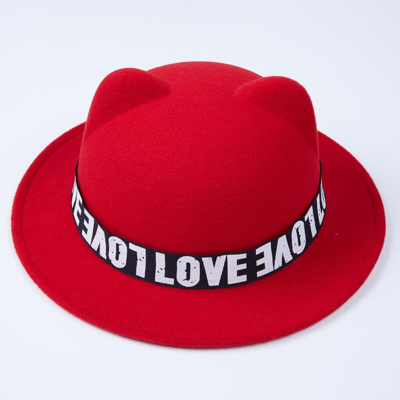 Sombrero de fieltro de lana con orejas de gato para mujer y niña, sombrero de ala ancha, de cubo, GH-214, para Otoño e Invierno: Rojo