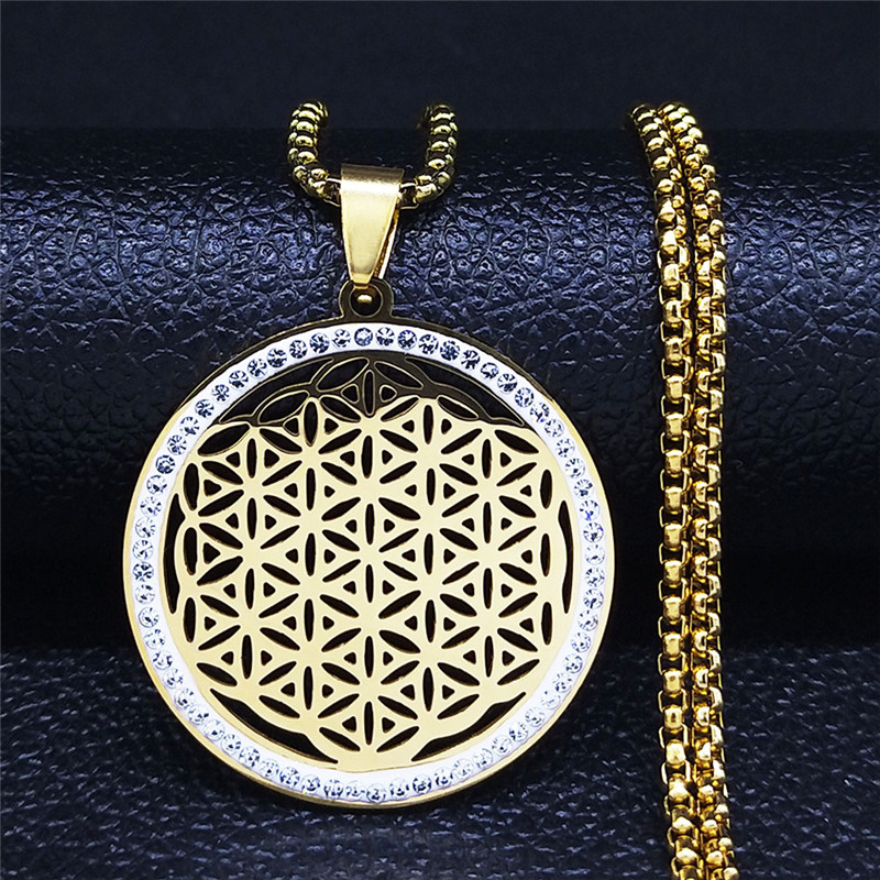 Blume des Lebens Edelstahl Kristall Anhänger Halskette Metatron Heilige Geometrie Symbol Halskette Schmuck Schmuckstück femme N4833S02: dunkel Gold