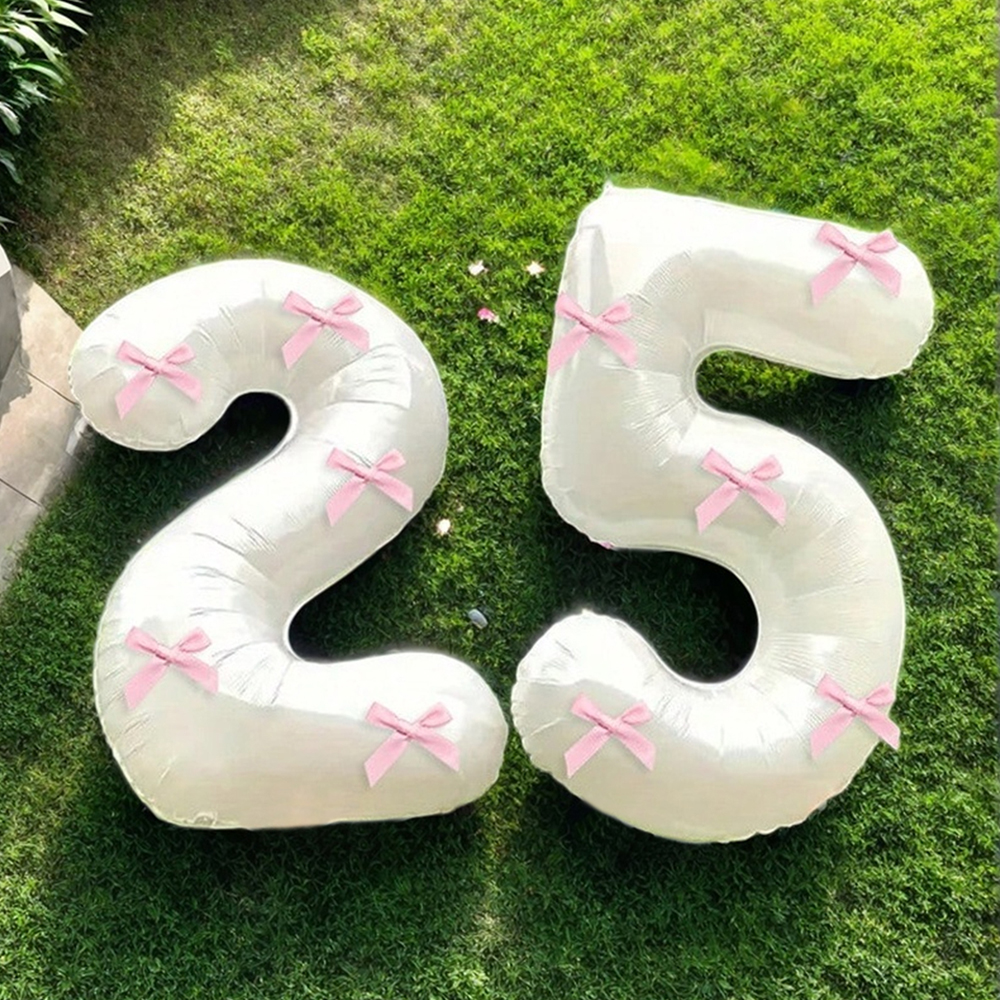 40 inch roze strik decor witte nummer ballonnen, 0-9 witte nummer ballonnen met roze strik decor, geschikt voor verjaardagsfeestje, jubileum