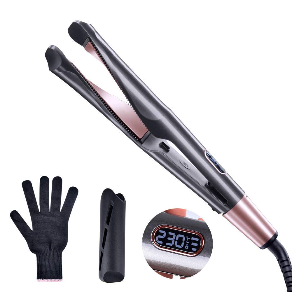 2-in-1-Haarglätter und Lockenwickler, Turmalin-Keramik, gedrehtes Glätteisen, Glätten und Lockenwickeln mit LCD für das Haarstyling: Gelb / Großbritannien