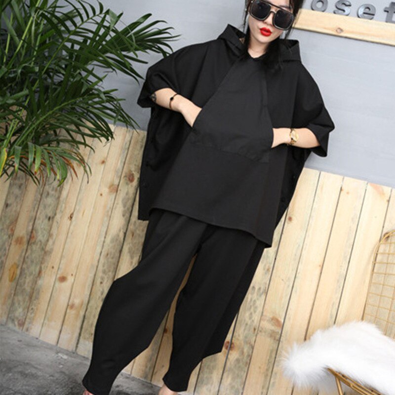 Black Hip Hop 2 Piece Set Autumn Oversized Tracksuit Hooded Tops + Harem Pants Women Suit Female Cloak Bat Shirt Clothing