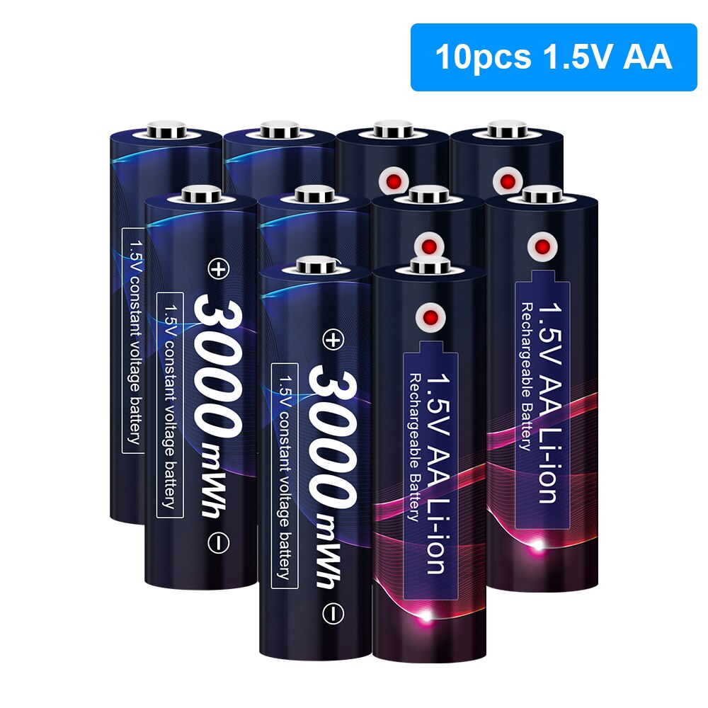 Ajnwnm 1.5v aa lithium genopladeligt batteri 3000 mwh konstant spænding 1.5v aa batteri til fjernbetjening mus blæser elektrisk legetøj: 10 stk aa batteri
