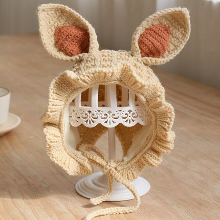 Baby gebreide muts winter muts kinderen wafel mutsen konijnenoren schattige baby muts voor de winter baby meisje muts met strik handgemaakte muts: Khaki