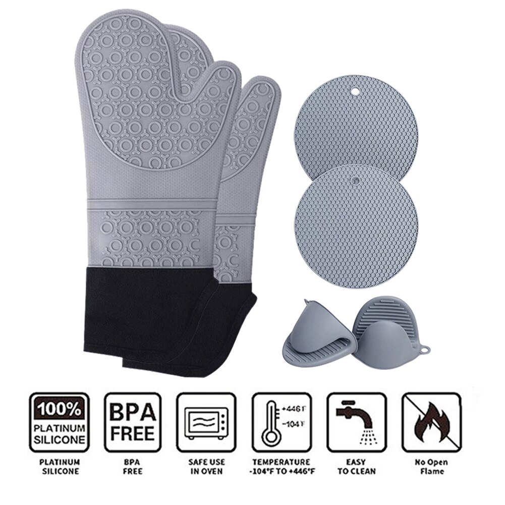 3pcs Anti Scald Cooking Easy Clean Oven Mitt Set Baking Waterproof Long Gloves BBQ Potholder Table Mat Grilling Soft Silicone