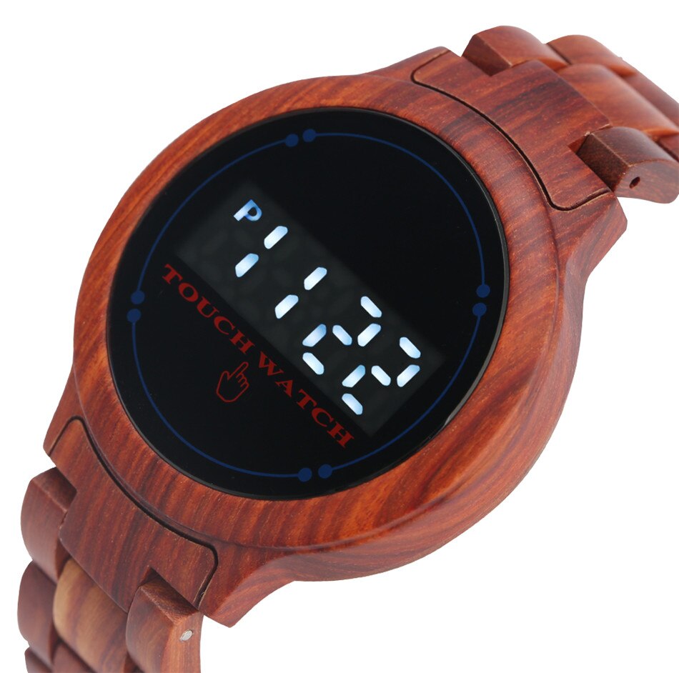 Touchscreen led elektronisch houten horloge heren digitaal houten armband polshorloge vouwsluiting sport casual herenhorloges