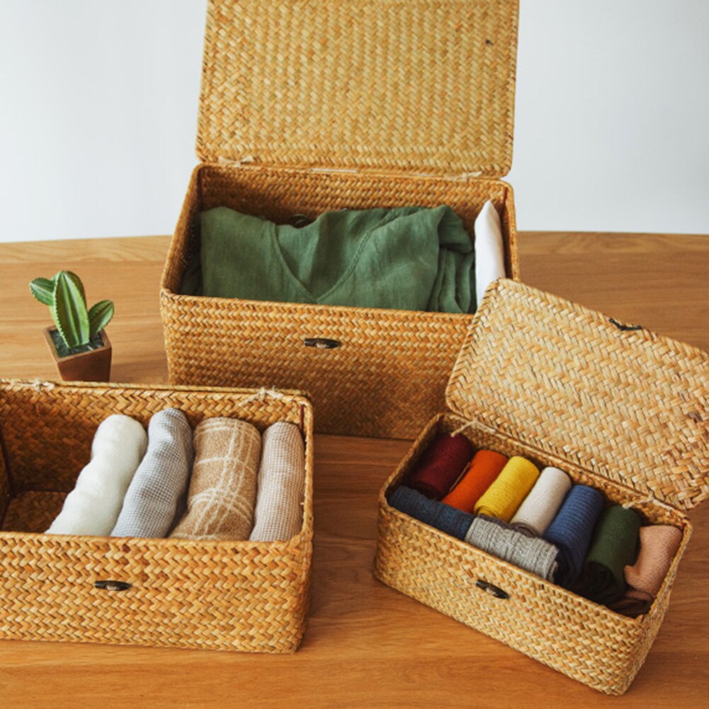 Bamboo Woven Storage Basket With Lid With Lock Storage Clothes Sundries Toy Storage Box Organizer Wicker Material