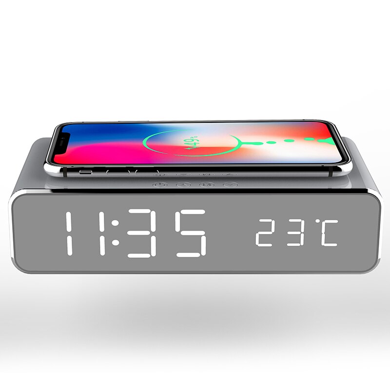LED Electric Alarm Clock With Mobile Phone Wireless Charger HD Clock Mirror With Time Memory Digital Thermometer Clock