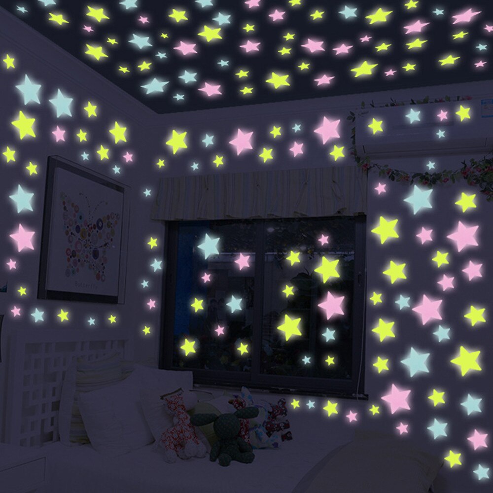 Undefined 50Pc 3D Home Decor Kinderen Slaapkamer Fluorescent Glow In The Dark Sterren Sneeuwvlok Muurstickers Sterren Lichtgevende Glow