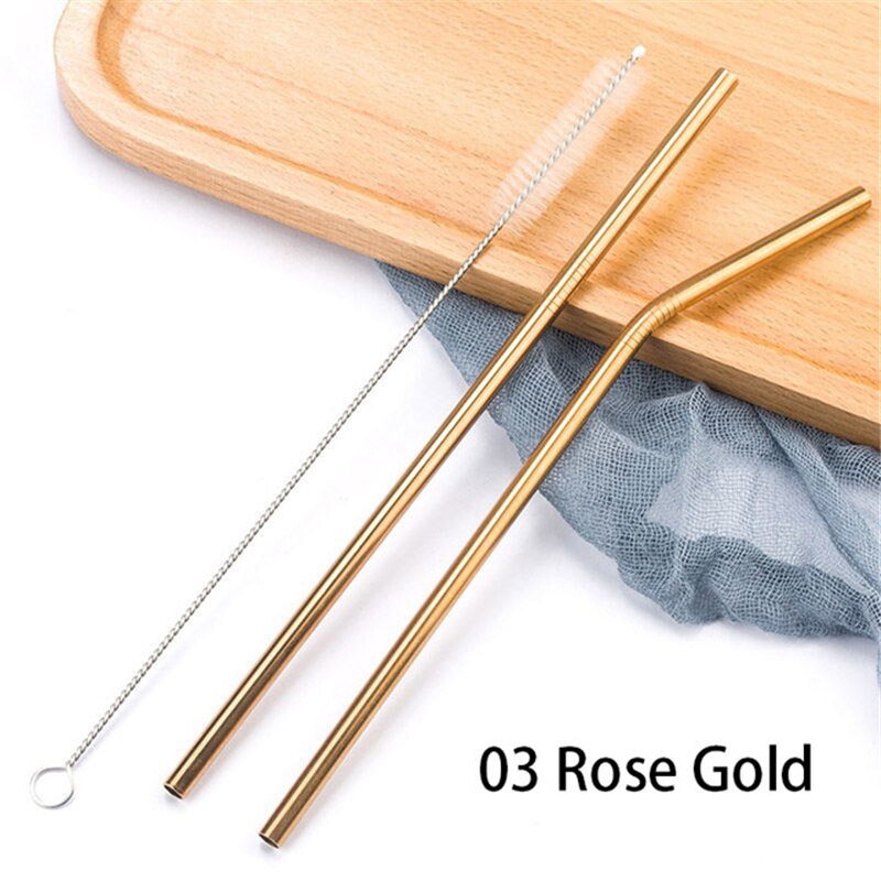 Stainless steel straight/elbow straw portable set reusable straw and straw cleaning brush silver/gold/rose gold/black/rainbow: 3