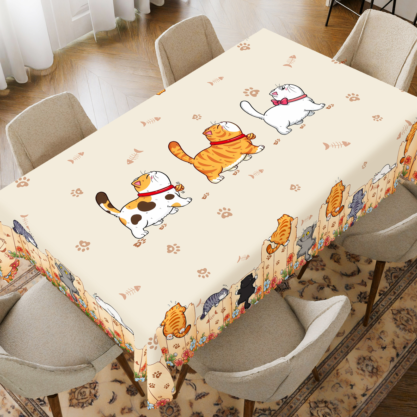 1 Piece, Cute Wall-Climbing Cat Theme Pattern Tablecloth + 4 Self-Adhesive Stickers, Floral Fence and Cat Print Pattern, Embossed Edges, Suitable for Home Kitchen, Living Room Dining Table, Balcony Coffee Table, Party Table Decoration Tablecloth, Outdoor Picnic Courtyard Decoration, Coffee Table Desktop Decoration Tablecloth Table Cover, Perfect , Spring, Summer, Autumn and Winter Decoration-M027
