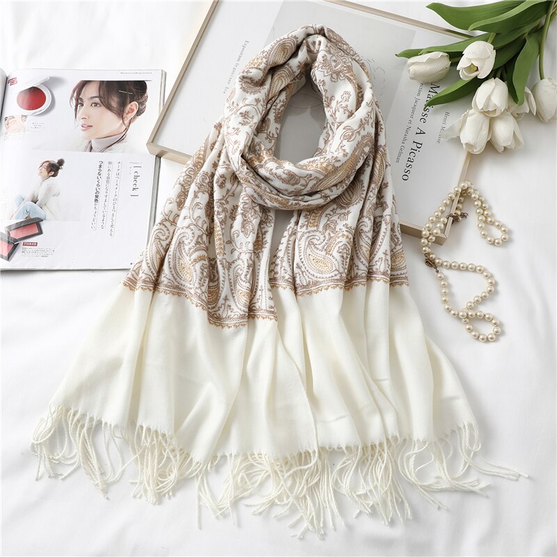 Luksusowy rękojeść kobiety zimowy szalik paszmina z kaszmiru damskie szale okłady Foulard solidny frędzel czeski ciepły Echarpe szaliki: WJ147-biały