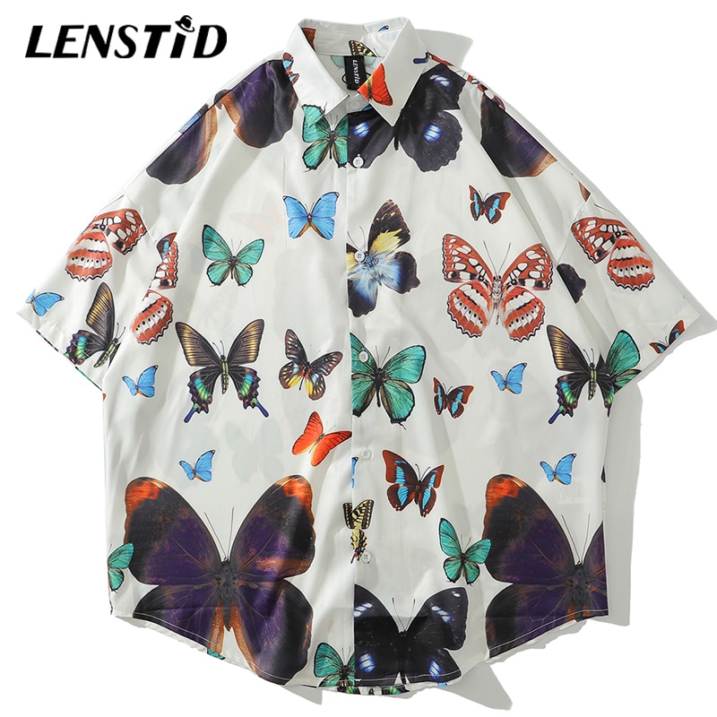 LENSTID Mens Hip Hop Butterfly Printed Hawaiian Shirt Harajuku Streetwear Beach Shirt Summer Short Sleeve Oversize Shirts