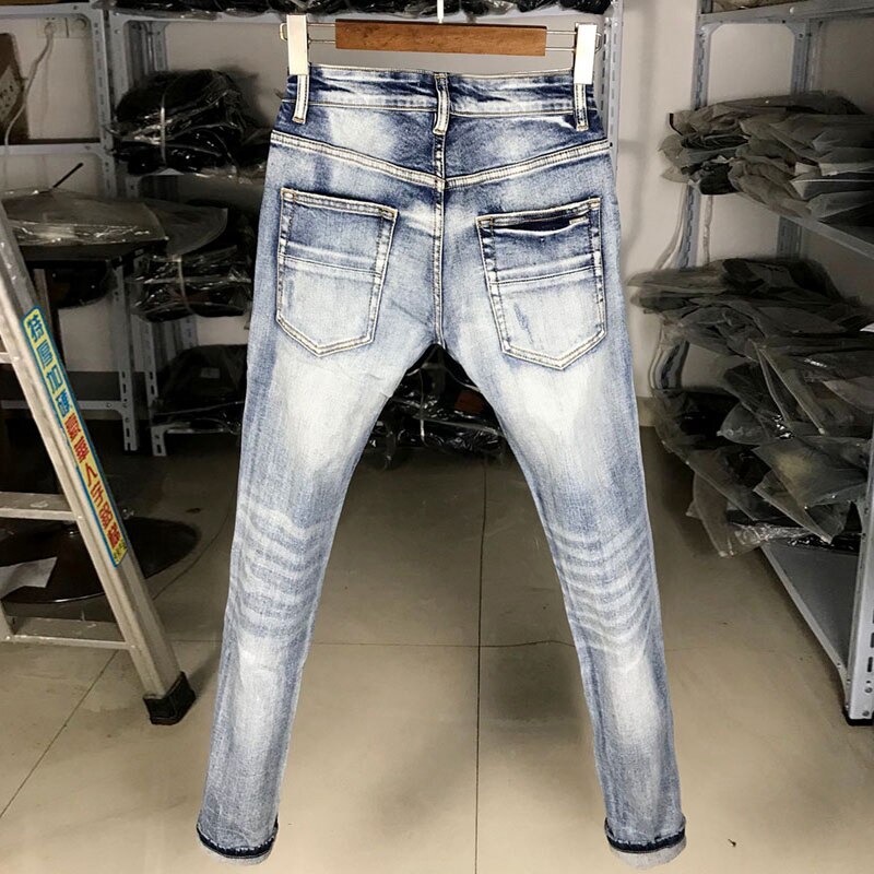 Street Style Mannen Jeans Retro Lichtblauw Elastische Slim Fit Ripped Jeans Mannen Patches Hip Hop Denim Punk broek