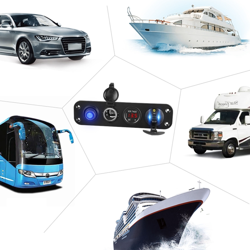 Kfz-schnellladegerät mit  qc3.0 usb-c-anschlüssen, led-voltmeter und 12v steckdosen sowie ein-/ausschalter für auto, boot, wohnmobil, lkw und suv