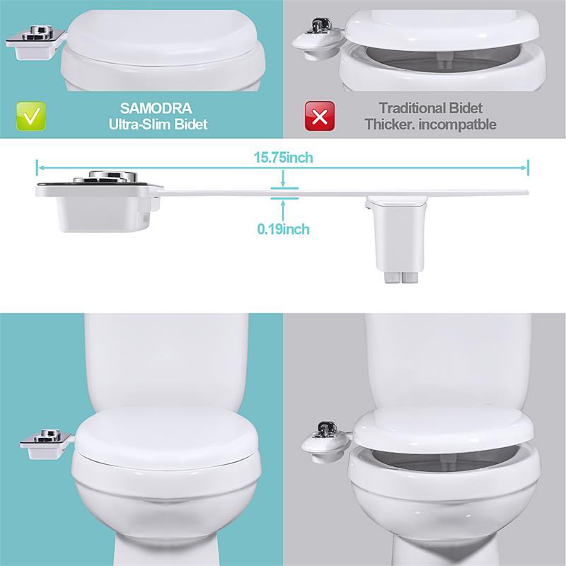 Bidet vedhæftet fil toiletsæde ultra-tynd ikke-elektrisk selvrensende dobbelte dyser front- og bagvask koldt vand personlig hygiejne