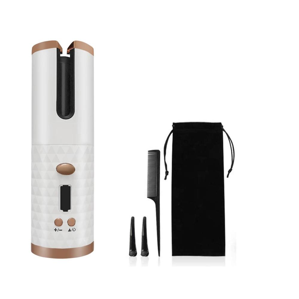 Rizador de pelo automático inalámbrico portátil máquina de pelo rizado LCD recargable por USB con función de fuente de alimentación móvil: Blanco